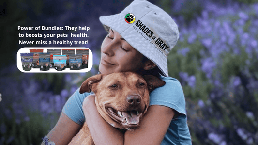 Lady hugging her dog in field of purple flowers. Bags of Shades of Gray pet treats with the text overlay that says the Power of Bundles: They help boost your pets health. Never miss a healthy treat.