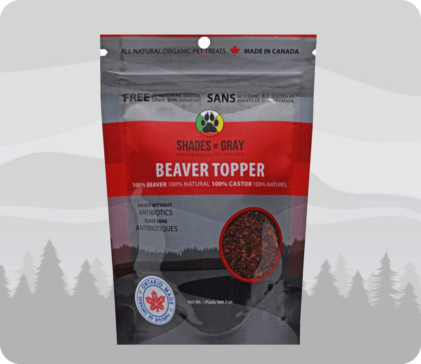 Front view of Shades of Gray Indigenous Pet Treats Beaver Topper package, featuring the Made in Ontario logo and brand logo