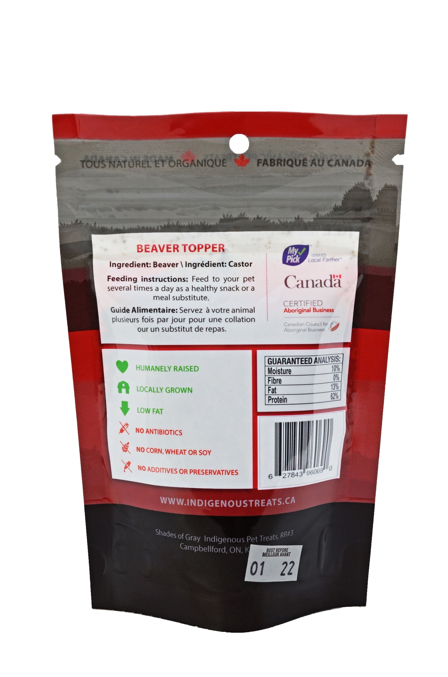 Back view of Shades of Gray Indigenous Pet Treats Beaver Topper package, featuring the nutritional and feeding inforamtion.