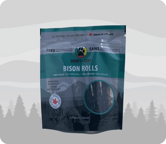 Dog Treats made with organic all natural 100% bison meat, for your cats and dogs.  Bison roll packages show that they are Free of Glycerine, Gluten, Grain & Preservatives.