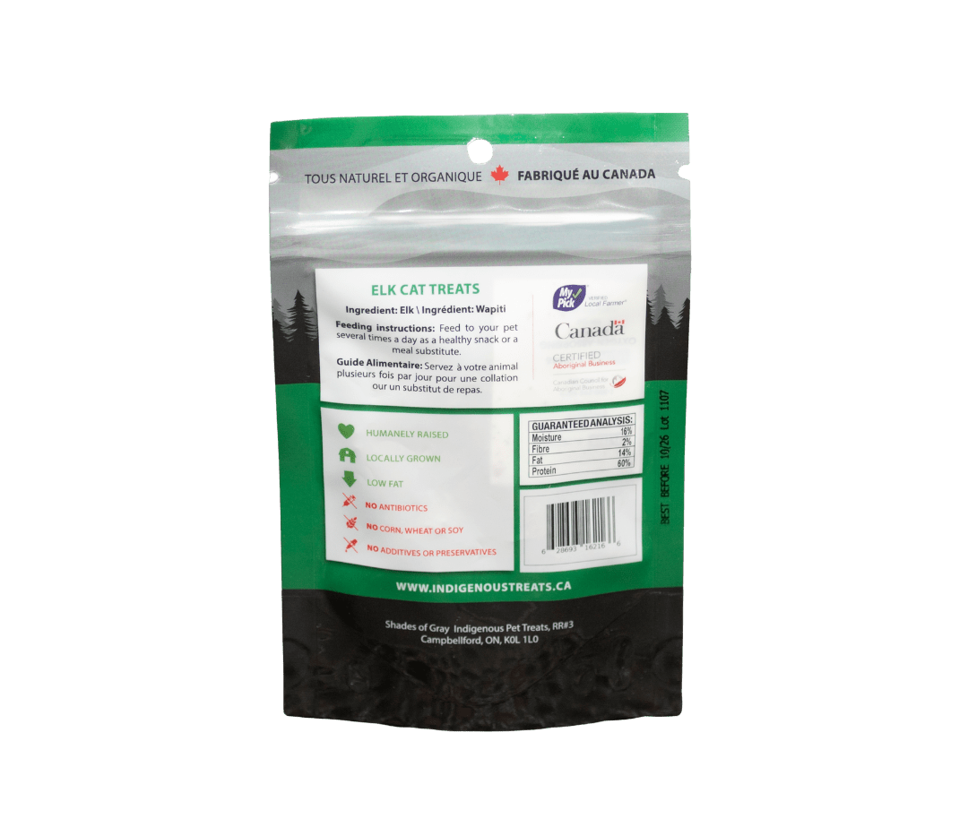 Back of Shades of Gray Indigenous by Nature Elk Cat Treats packaging listing single ingredient (100% elk), guaranteed analysis, feeding guidelines for cats, storage instructions.