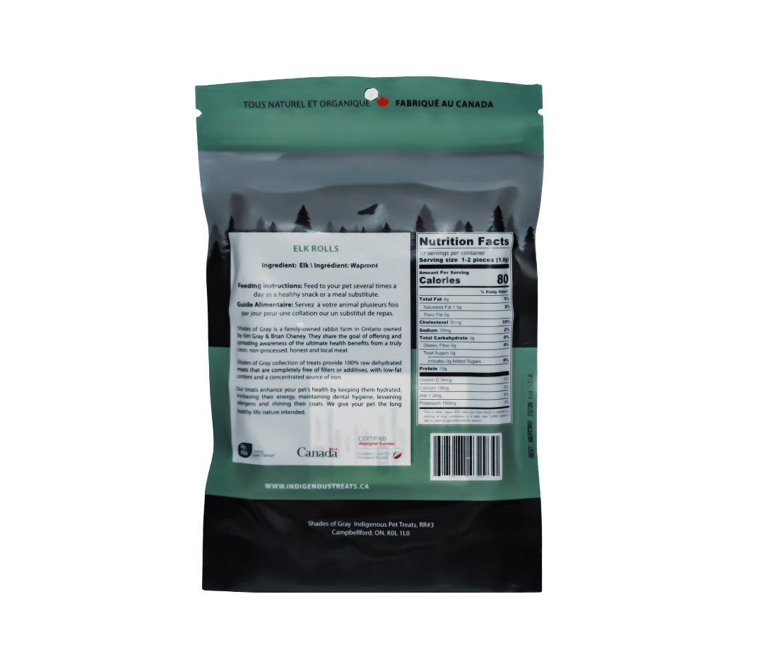 Back view of a food packaging bag with nutritional information on a white background. Includes feeding information, calories and Nutrition Facts.