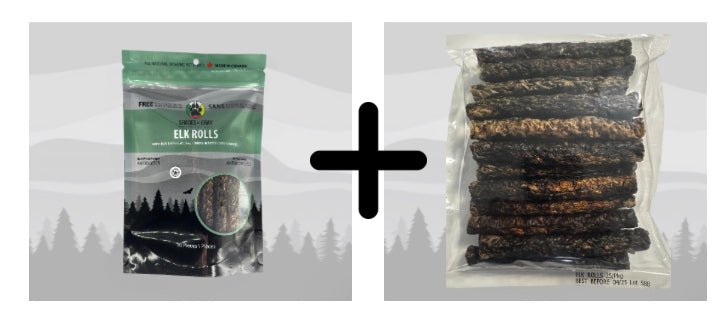 Photo is packaging of Elk Pet Treats - Elk Roll Eco Refill. Includes a 10pkg of elk rolls and a bulk package of 30 rolls.