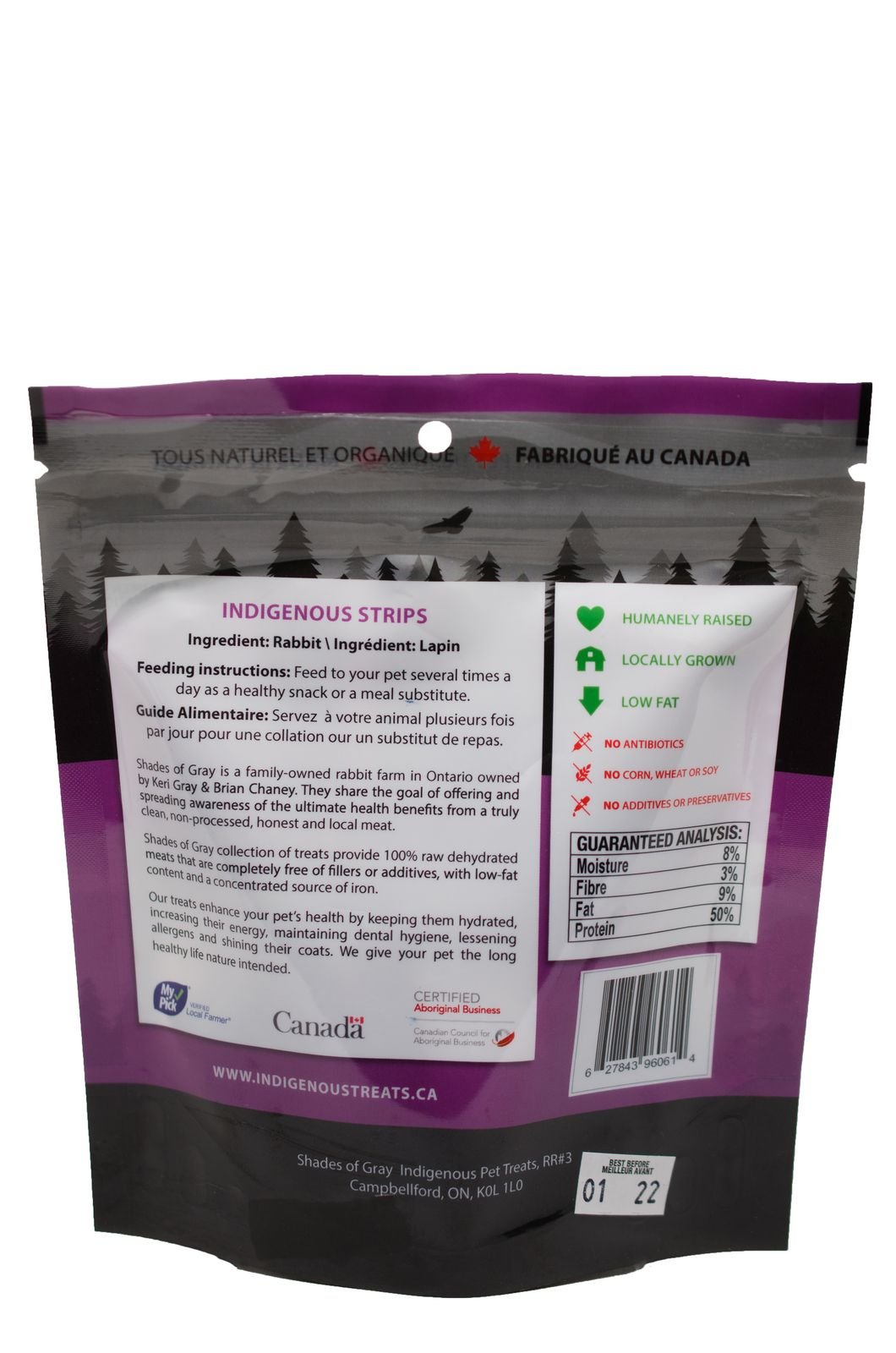 Back view of Shades of Gray Indigenous Pet Treats' Indigenous Strips packaging, a purple bag of rabbit pet treats with 'Made in Canada' label. Highlights 100% rabbit meat, humanely raised, locally grown, low fat, no antibiotics, corn, wheat, soy, or additives. Includes feeding instructions, guaranteed analysis (3% moisture, 9% fiber, 50% protein), and certifications from My Pick Local Farmer and Aboriginal Business.