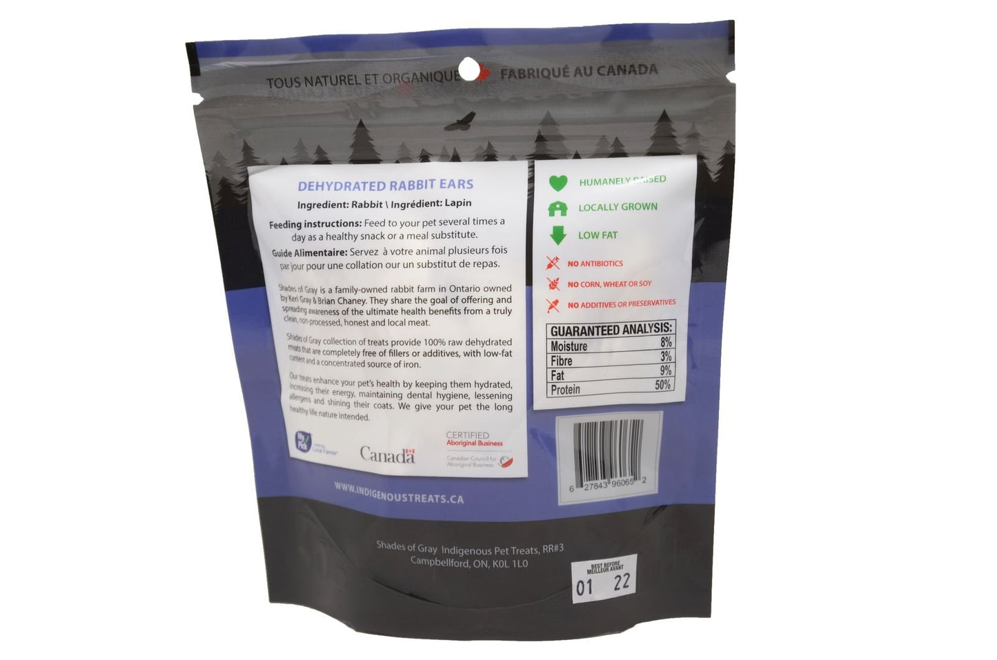 Back view of Dehydrated Rabbit Ears packaging. Shows nutritional information and feeding guidelines.