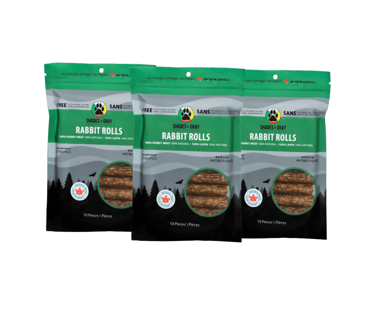 Three bags of Shades of Gray Rabbit Rolls, 10-piece single-ingredient rabbit treats for dogs and cats