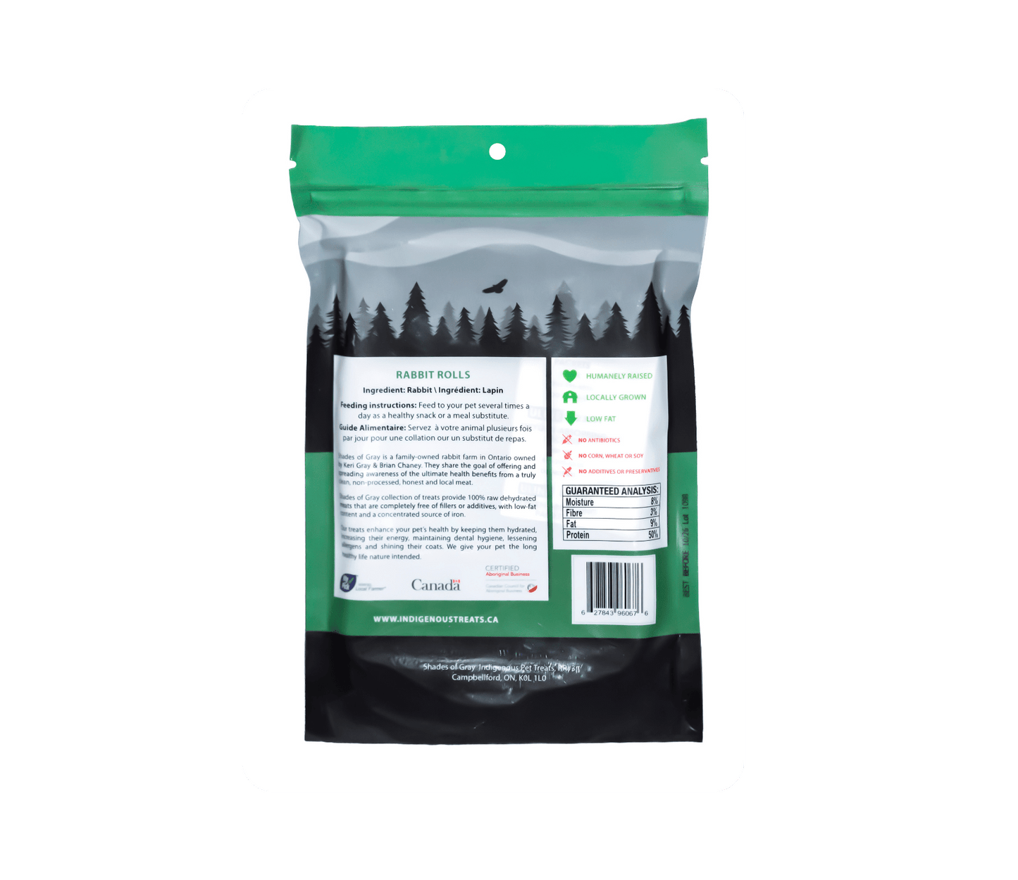 Rabbit roll ingredients panel showing 100% dehydrated rabbit - grain-free dog treats