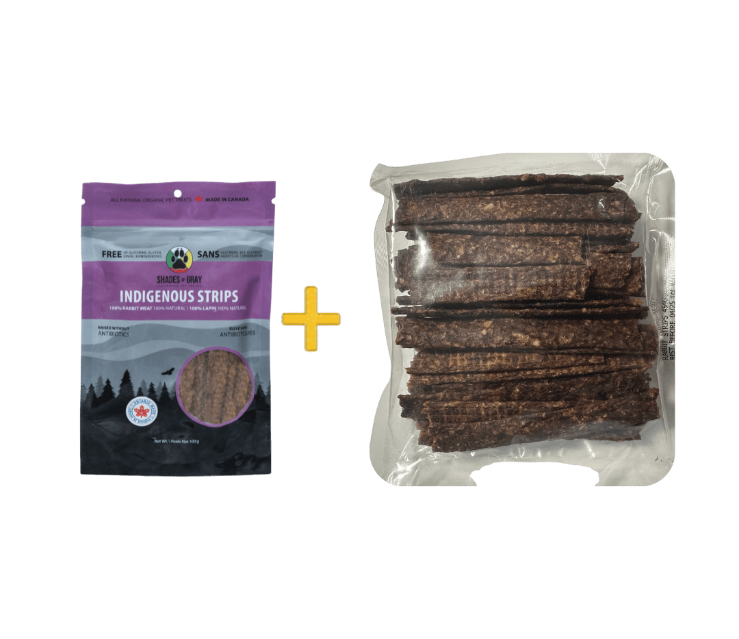 Close-up of Shades of Gray Indigenous Pet Treats Bulk bag of Indigenous Rabbit Strips – Training pet treats made from 100% ethically sourced Canadian rabbit, all-natural single-ingredient with zero glycerin, gluten, grain, or preservatives. Ideal high-value training treat, meal topper, or hypoallergenic reward for dogs and cats. Photo shows a 100g resealable bag of Indigenous Strips plus a bulk bag of 300g full of strips.