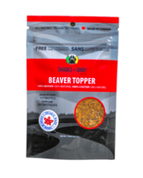 Front view of Shades of Gray Indigenous Pet Treats Beaver Topper package, featuring the Made in Ontario logo and brand logo