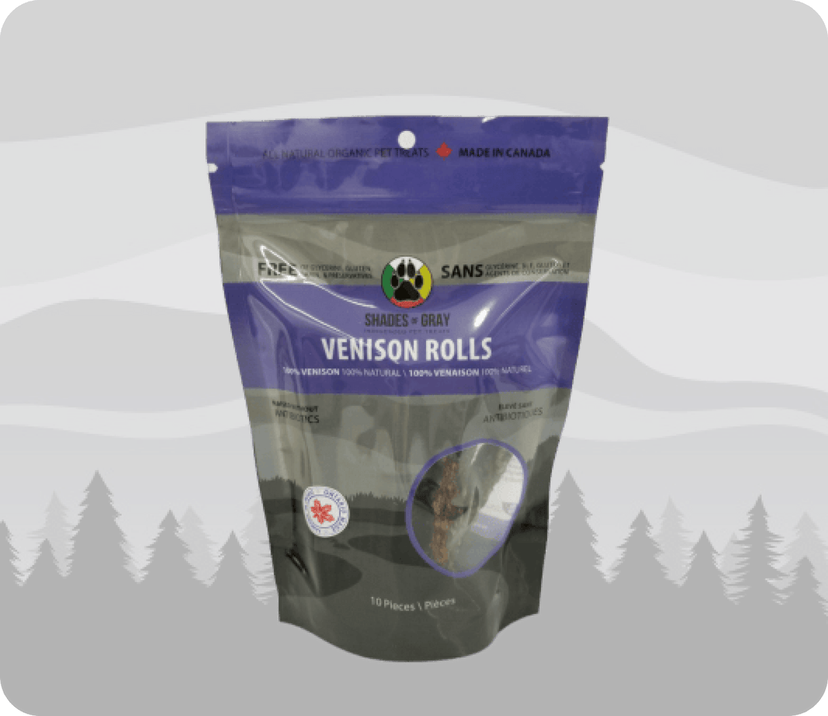 Shades of Gray venison rolls pouch with wolf imagery on gray mountain background