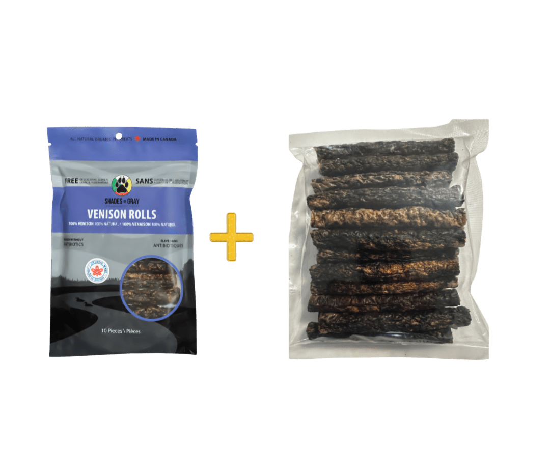 Shades of Gray Indigenous Pet Treats photo displays a bag of Venison Pet Treats - Venison Roll Eco Refill. includes a 10 pkg of venison rolls and a bulk bag of 30 venison rolls. Ontario made sticker is on packaging.