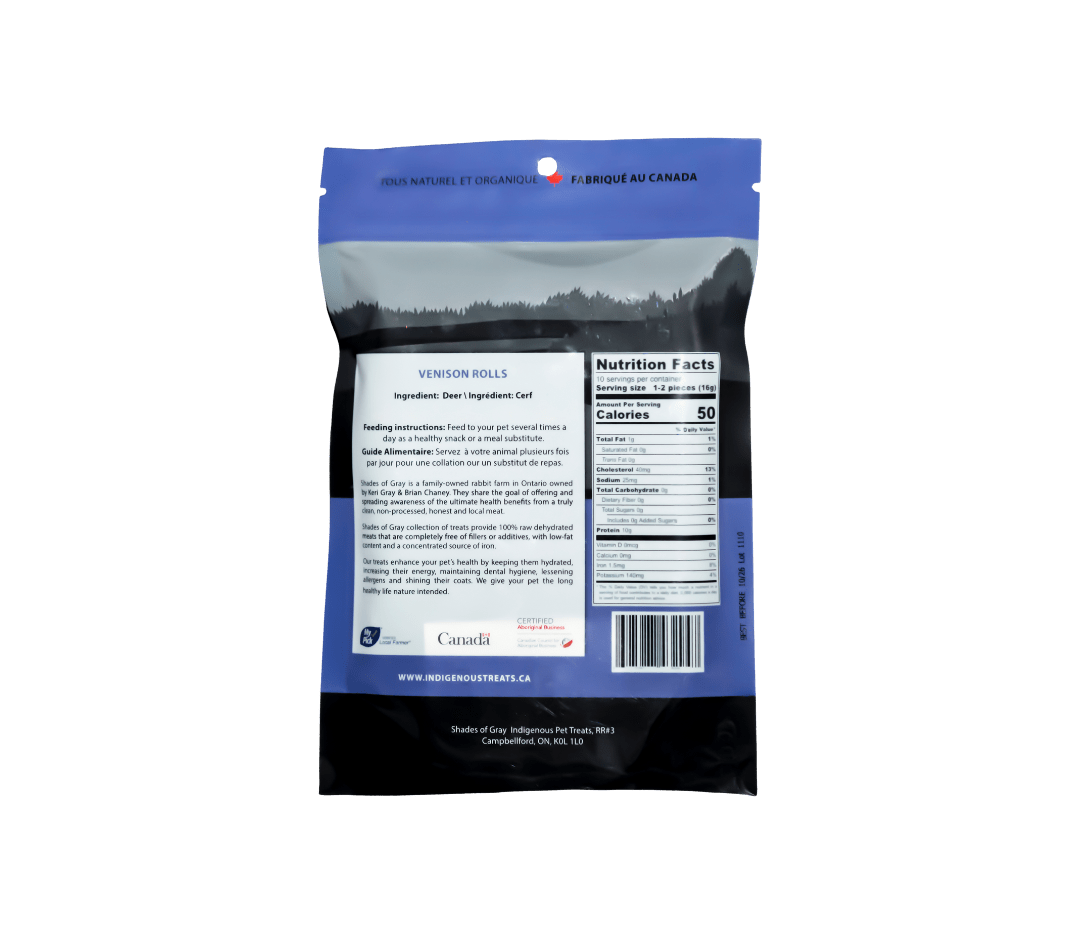 Venison rolls ingredient label with nutritional information