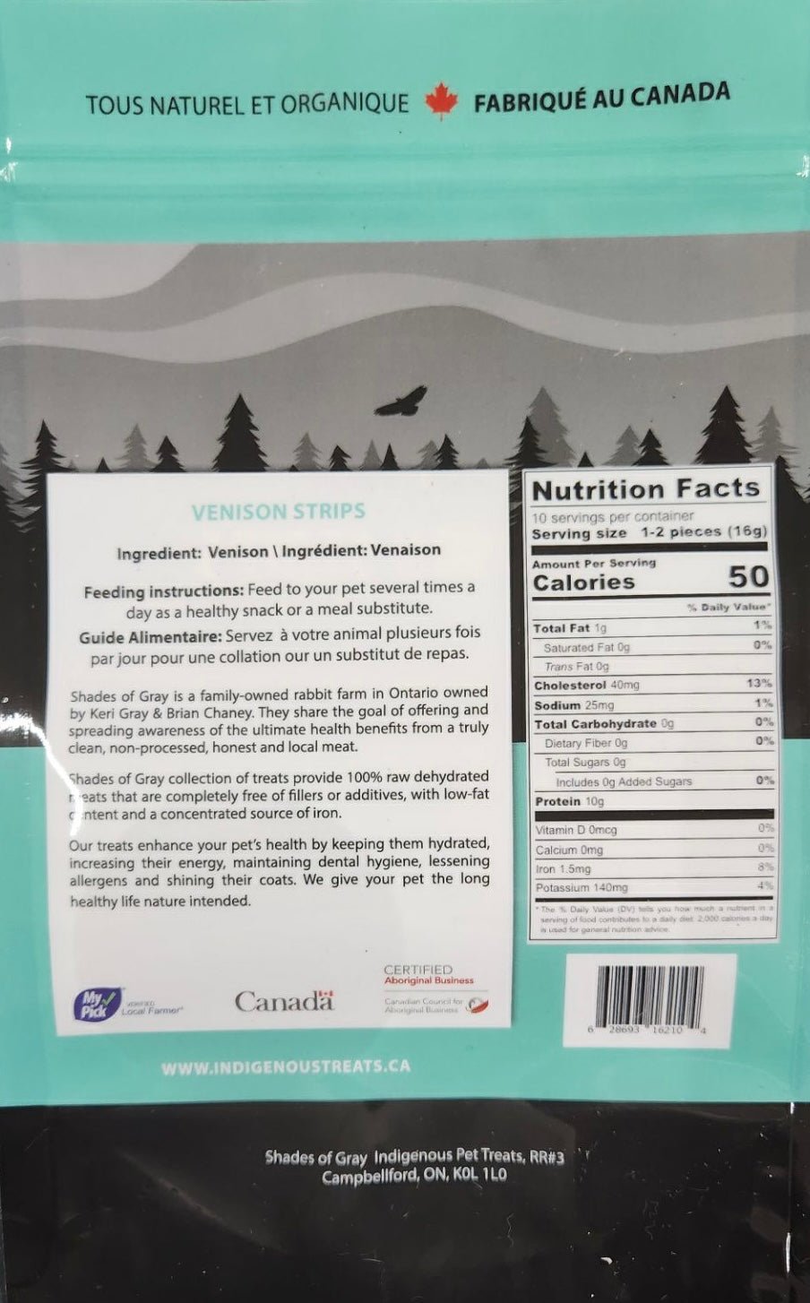 Back View of Shades of Gray Packaging for Venison Strip Pet Treats. Contains the nutritional information and feeding guidelines.