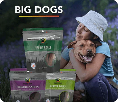Large Dog Pet Treat Bundle featuring Canadian meats: Rabbit Rolls, Seasonal Rolls, Indigenous Rabbit Strips, and single-protein treats made from Beaver, Venison, and Elk – crafted for big dogs.