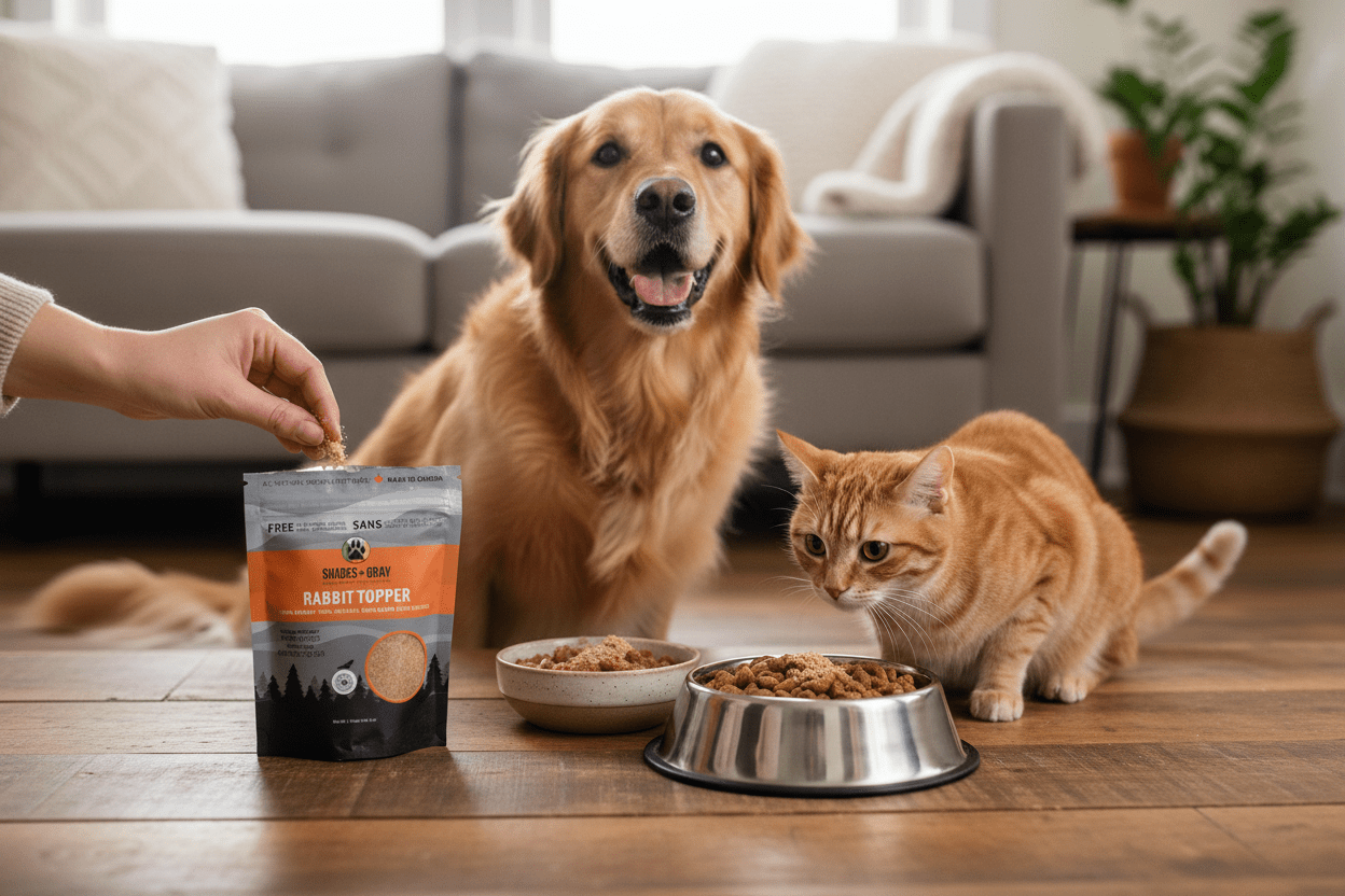 Rabbit topper being sprinkled over pet food bowls for dog and cat by Shades of Gray Indigenous Pet Treats, natural meal enhancer for cats and dogs