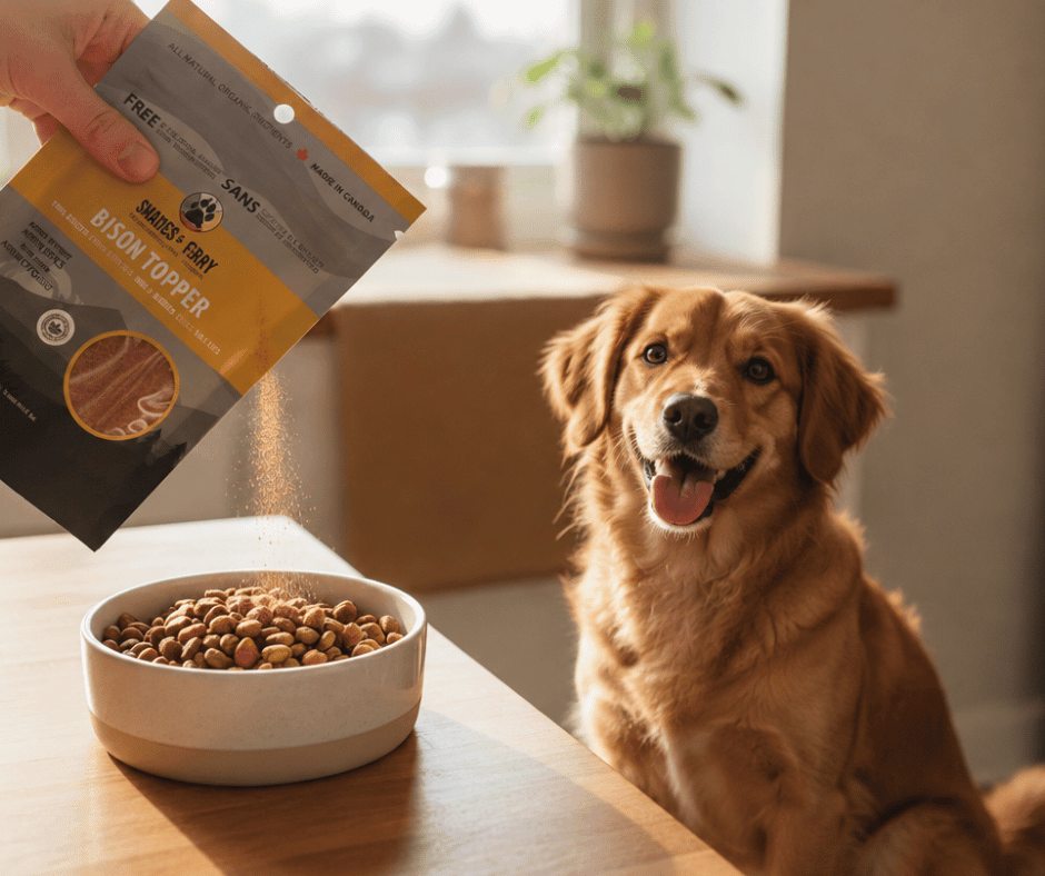 A hand holding a bag of Shades of Gray single-ingredient meat topper over a bowl of kibble, while a happy golden retriever sits at the table waiting for dinner.