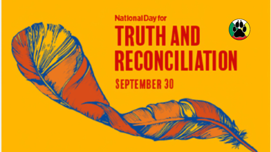 National Day for Truth and Reconciliation, September 30, graphic with an eagle feather illustration on a yellow background and the Shades of Gray logo.