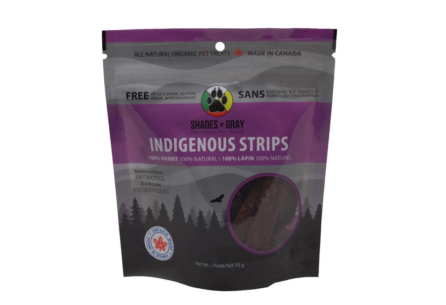 Front view of Shades of Gray Indigenous Pet Treats Indigenous Strips this 70g pack is found in the small dog bundle. These strips are made from single-ingredient rabbit, shown on a white background.