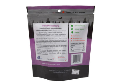 Back view of Shades of Gray Indigenous Pet Treats Indigenous Strips made from rabbit, displaying product details and ingredients on a white background.