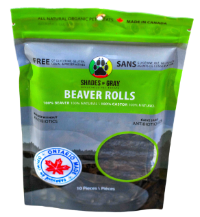 A package of Shades of Gray Indigenous Pet Treats featuring premium Beaver Rolls. The packaging showcases natural ingredients and emphasizes eco-friendly, sustainable sourcing with a focus on indigenous traditions. Ideal for dogs, these treats provide a healthy and delicious snack option, promoting overall pet wellness.