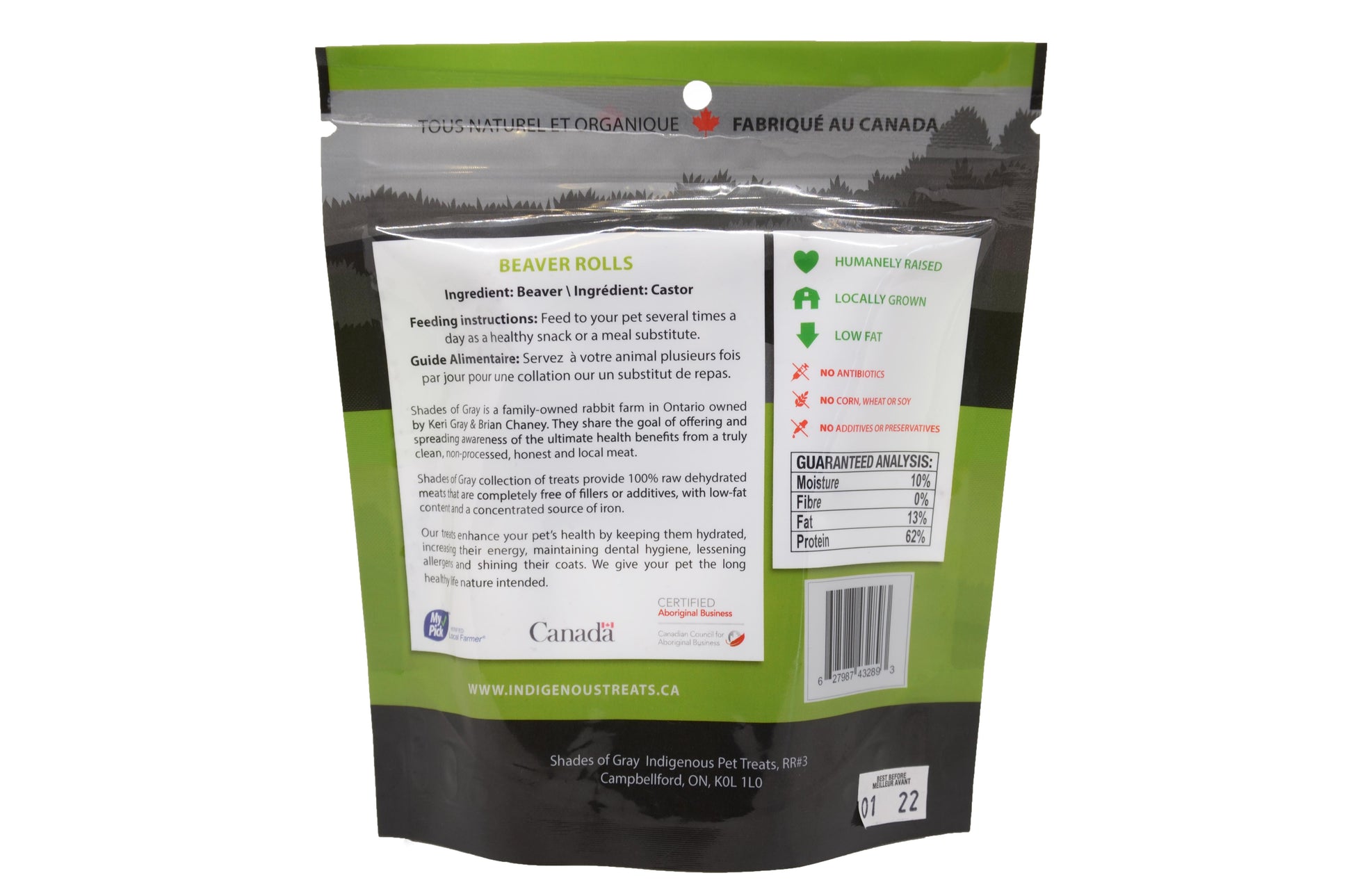 Back view of Shades of Gray Indigenous Pet Treats Beaver Rolls made from beaver, displaying product details and ingredients on a white background.