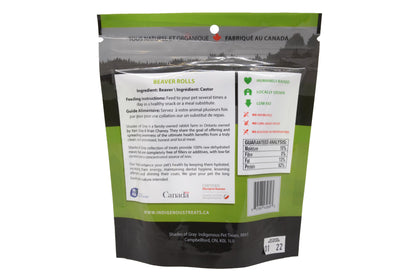 Back view of Shades of Gray Indigenous Pet Treats Beaver Rolls made from beaver, displaying product details and ingredients on a white background.