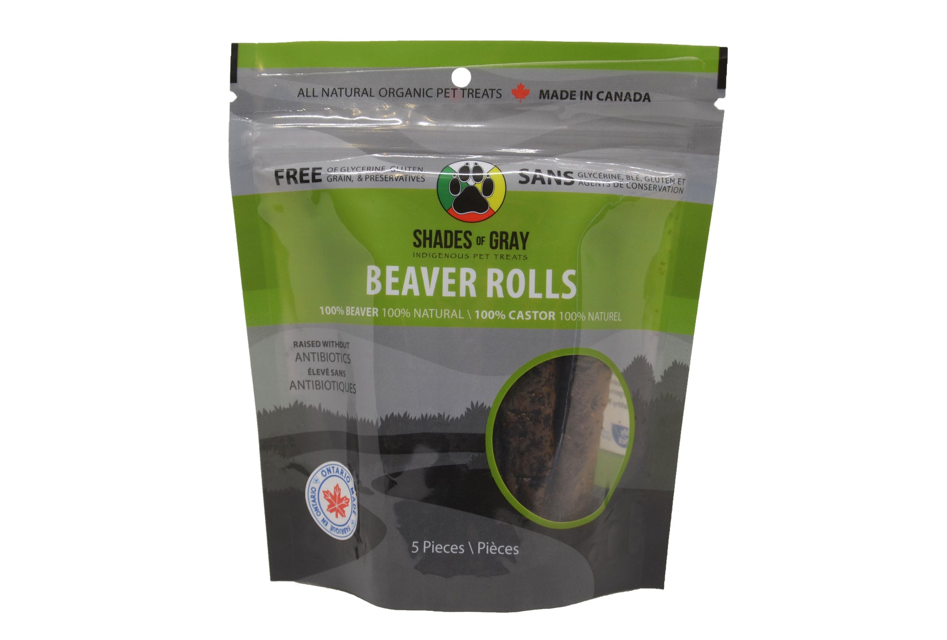 Package of Shades of Gray Beaver Rolls dog treats on a white background this 5 pack is found in the small dog bundle