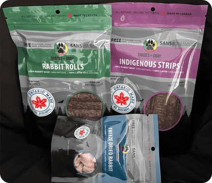Pet treat bundle, our Best Sellers Bundle – Shades of Gray Indigenous Pet Treats, Freeze-Dried Rabbit – Canadian Hypoallergenic Dog Treat, Rabbit Treat Strips – Air-Dried Dog and Cat Treats,Rabbit Rolls – All Natural Single-Protein Pet Treats.