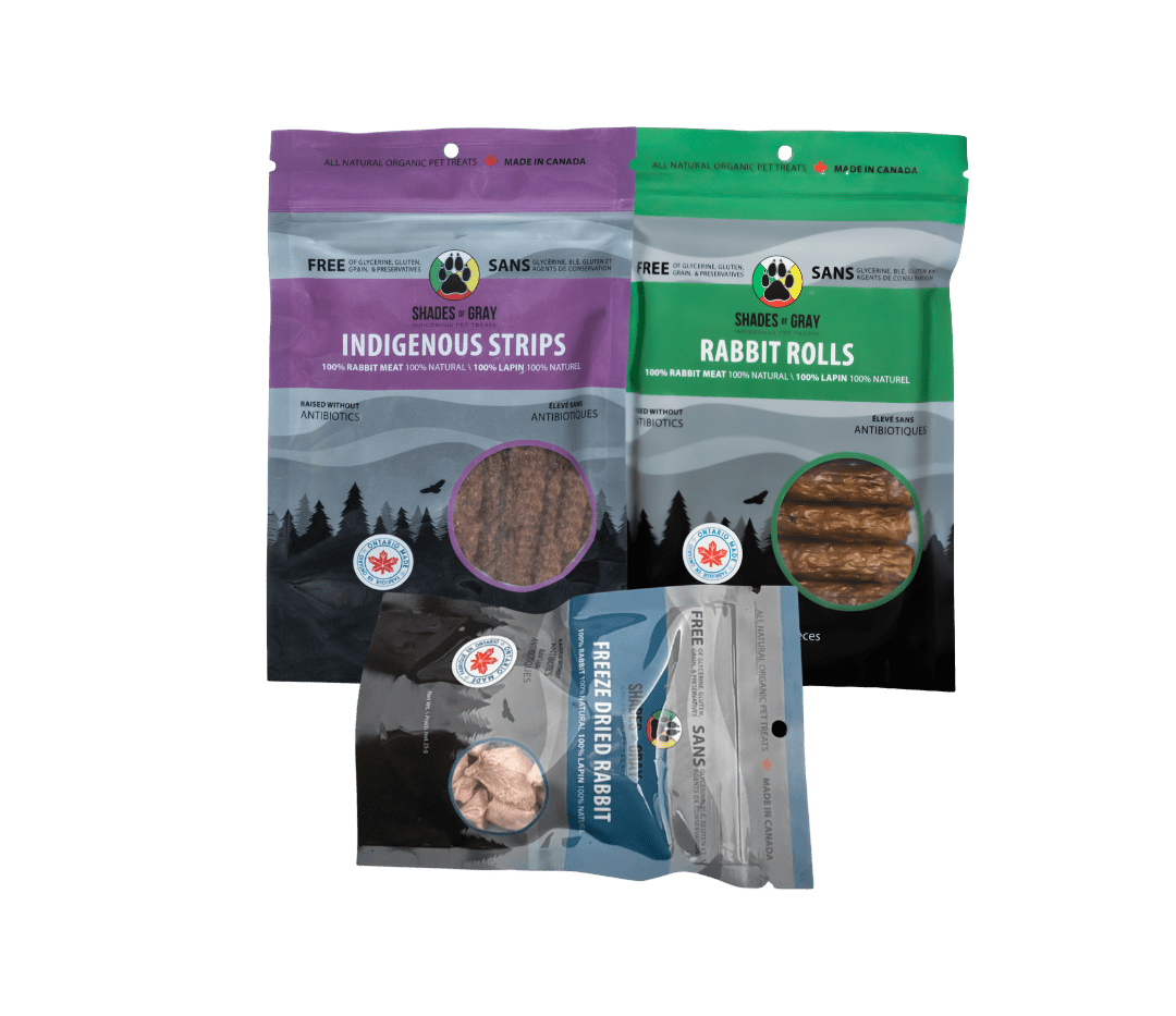 Front of Packages for Shades of Gray Indigenous Pet treat bundle, our Best Sellers Bundle – Contains a bag of Freeze-Dried Rabbit – Canadian Hypoallergenic Dog Treat, Indigenous Strips Rabbit Treats – Dehydrated Dog and Cat Treats, a 10pkg of Rabbit Rolls – All Natural Single-Protein Pet Treats.