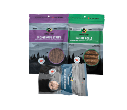 Front of Packages for Shades of Gray Indigenous Pet treat bundle, our Best Sellers Bundle – Contains a bag of Freeze-Dried Rabbit – Canadian Hypoallergenic Dog Treat, Indigenous Strips Rabbit Treats – Dehydrated Dog and Cat Treats, a 10pkg of Rabbit Rolls – All Natural Single-Protein Pet Treats.