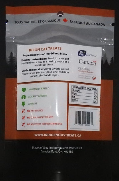 Bison Cat Treats made with organic all natural 100% bison meat, for your cats and dogs. Free of Glycerine, Gluten, Grain & Preservatives.