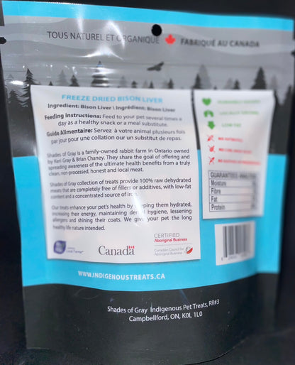 Freeze Dried Bison Liver Pet Treats made with organic all natural 100% Bison Liver, for your cats and dogs. Free of Glycerine, Gluten, Grain & Preservatives.