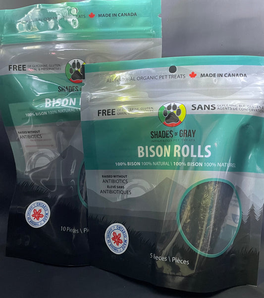 Bison roll Pet Treats made with organic all natural 100% bison meat, for your cats and dogs. Free of Glycerine, Gluten, Grain & Preservatives.