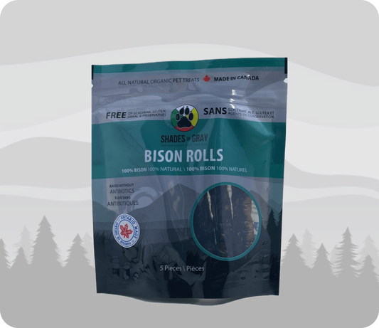 Bison roll Pet Treats made with organic all natural 100% bison meat, for your cats and dogs. Free of Glycerine, Gluten, Grain & Preservatives.