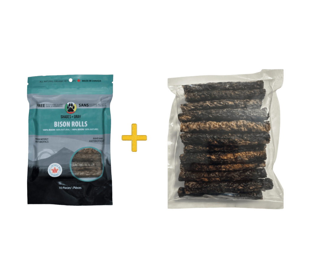 Front of Shades of Gray Indigenous Pet Treats Bison Rolls Eco-refill bulk packaging featuring a premium green black and grey 10pkg resealable bag with bold white text “BISON ROLLS”, single-ingredient callout, large photo of air-dried bison strips, Canadian flag, and “Shades of Gray Indigenous Pet Treats” logo. Plus a bulk bag of 30 pieces of bison rolls.