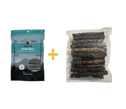 Front of Shades of Gray Indigenous Pet Treats Bison Rolls Eco-refill bulk packaging featuring a premium green black and grey 10pkg resealable bag with bold white text “BISON ROLLS”, single-ingredient callout, large photo of air-dried bison strips, Canadian flag, and “Shades of Gray Indigenous Pet Treats” logo. Plus a bulk bag of 30 pieces of bison rolls.