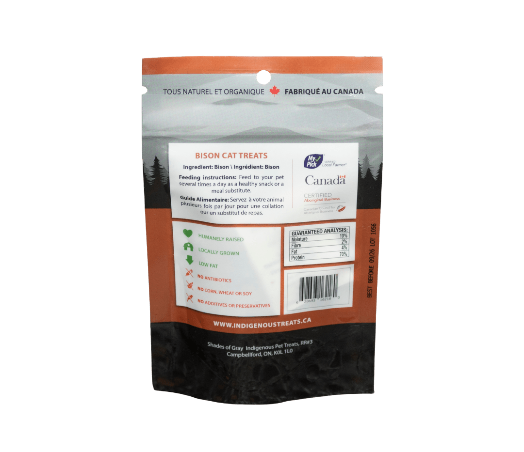 Back of Shades of Gray Indigenous Indigenous Pet Treats Bison Cat Treats packaging listing single ingredient (100% elk), guaranteed analysis, feeding guidelines for cats and storage instructions.