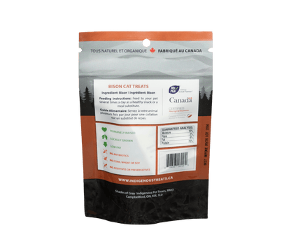 Back of Shades of Gray Indigenous Indigenous Pet Treats Bison Cat Treats packaging listing single ingredient (100% elk), guaranteed analysis, feeding guidelines for cats and storage instructions.