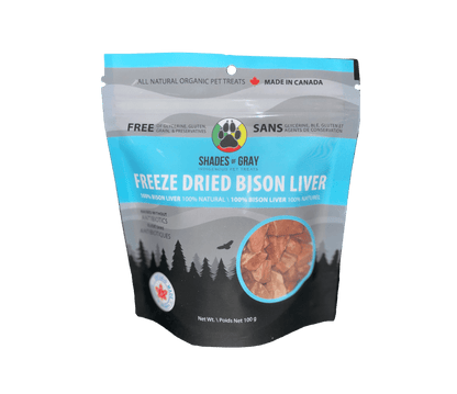 Shades of Gray Indigenous Pet Treats Freeze-Dried Bison Liver pet treats – 100% single-ingredient Canadian bison liver cubes, grain-free, gluten-free, glycerin-free, no preservatives, suitable for dogs and cats.