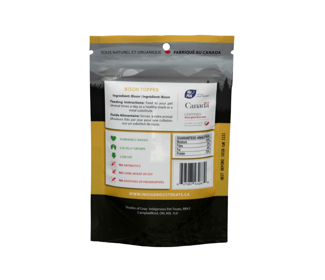 Bison Topper Pet Treats made with organic all natural 100% bison meat, for your cats and dogs. Free of Glycerine, Gluten, Grain & Preservatives.