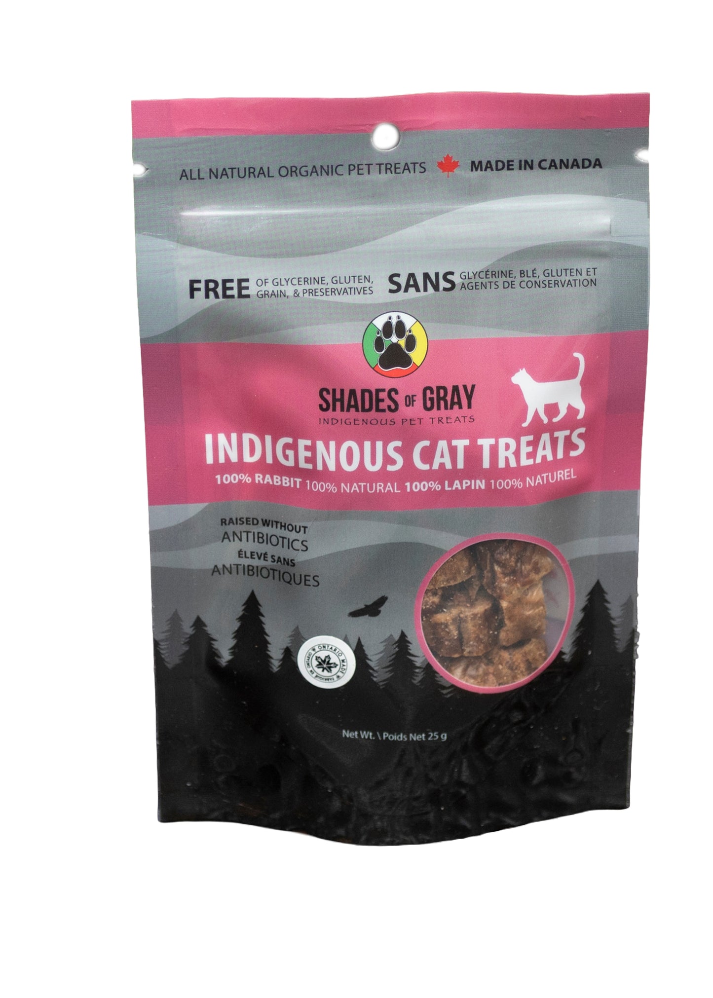 Front view of Shades of Gray Indigenous Pet Treats Indigenous Cat Treats made from single-ingredient rabbit, shown on a white background.