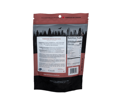 Back of packaging for Shades of Gray Indigenous Pet Treats Dog Treats - Waboose Snack Biscuits with Rabbit Meat made with organic all natural Rabbit, chickpea flour and apple cider vinegar for your dogs. Free of Glycerine, Gluten, Grain & Preservatives. Ingredients listed, along with feeding instructions and nutritional Facts.