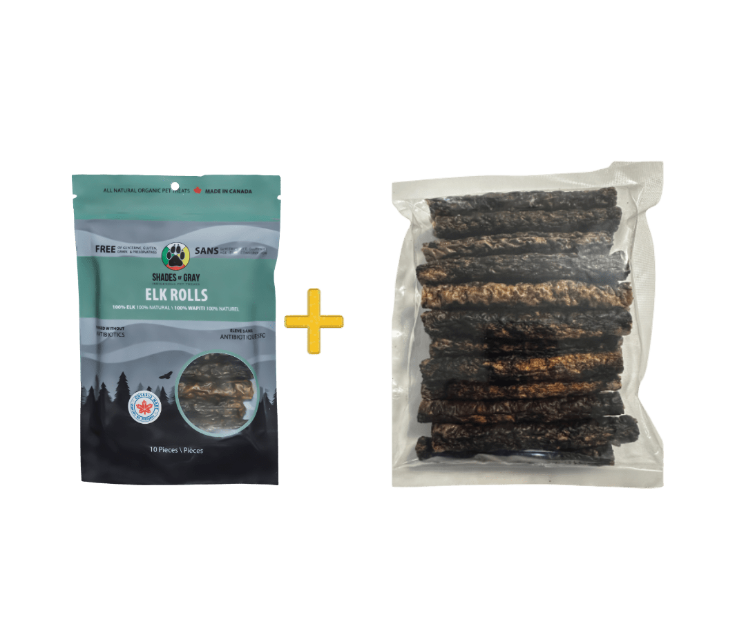 Shades of Gray Indigenous Pet Treats option for buying in Bulk. 30 piece Bulk bag of Elk Rolls -Eco Refill  plus a 10pkg of Elk Rolls in a resealable bag. These pet treats are 100% single-ingredient Canadian Elk Rolls, grain-free, gluten-free, glycerin-free, no preservatives, suitable for dogs and cats.