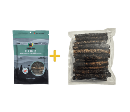Shades of Gray Indigenous Pet Treats option for buying in Bulk. 30 piece Bulk bag of Elk Rolls -Eco Refill  plus a 10pkg of Elk Rolls in a resealable bag. These pet treats are 100% single-ingredient Canadian Elk Rolls, grain-free, gluten-free, glycerin-free, no preservatives, suitable for dogs and cats.