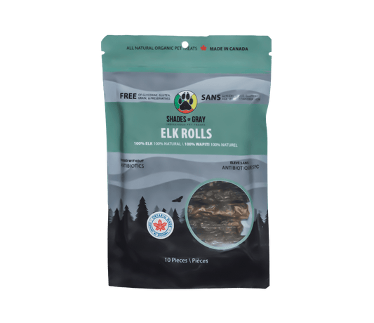 A package of Elk Roll dog treats are showcasing 10 per package and made in Ontario. Logo for Shades of Gray Indigenous Pet Treats is on the packaging.