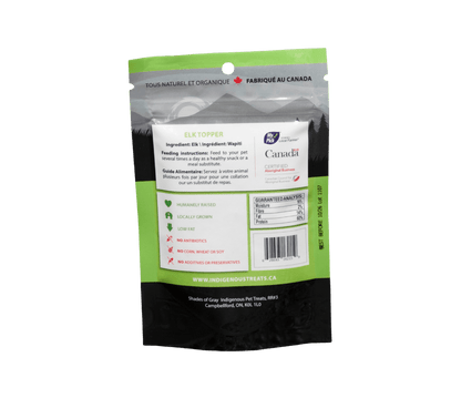 Back of Shades of Gray Indigenous Pet Treats Elk Topper packaging showing single ingredient (100% elk), guaranteed analysis, feeding guidelines for dogs and cats, storage instructions, on clean black text on white background.