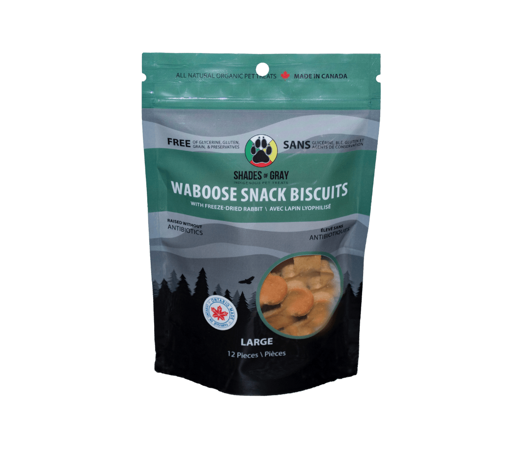 Shades of Gray Indigenous Pet Treats Dog Treats - Freeze Dried Waboose Snack Biscuits with Freeze Dried Rabbit Meat made with organic all natural Rabbit, chickpea flour and apple cider vinegar for your dogs. Free of Glycerine, Gluten, Grain & Preservatives.
