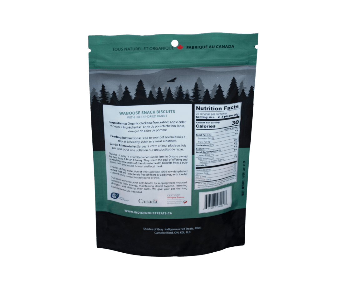 Back of packaging forShades of Gray Indigenous Pet Treats Dog Treats - Freeze Dried Waboose Snack Biscuits with Freeze Dried Rabbit Meat made with organic all natural Rabbit, chickpea flour and apple cider vinegar for your dogs. Free of Glycerine, Gluten, Grain & Preservatives. Includes Feeding instructions and Nutritional Facts.