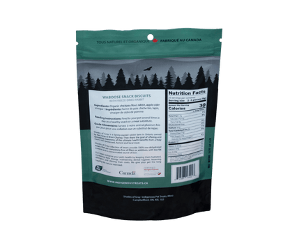 Back of packaging forShades of Gray Indigenous Pet Treats Dog Treats - Freeze Dried Waboose Snack Biscuits with Freeze Dried Rabbit Meat made with organic all natural Rabbit, chickpea flour and apple cider vinegar for your dogs. Free of Glycerine, Gluten, Grain & Preservatives. Includes Feeding instructions and Nutritional Facts.