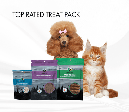 Top Rated Treats bundle formerly our best sellers bundle from Shades of Gray Indigenous Pet Treats featuring single-ingredient rabbit rolls, Indigenous Strips made from rabbit, and freeze-dried rabbit treats for dogs and cats.
